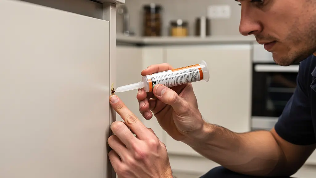 Application de gel anti-cafards dans un angle de meuble cuisine