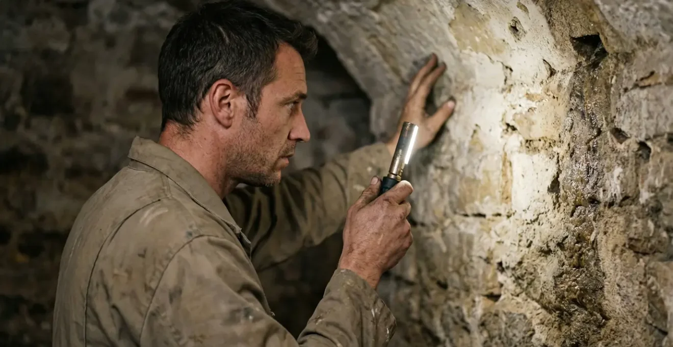 Technicien dératiseur inspectant une cave d'immeuble ancien à Marseille
