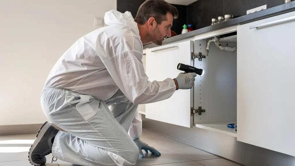 Technicien antiparasitaire inspectant une cuisine résidentielle à Marseille