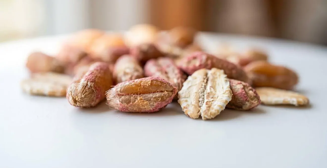 Gros plan macro sur des grains de blé et d'avoine utilisés comme support d'appât professionnel, texture nette au premier plan avec arrière-plan flouté