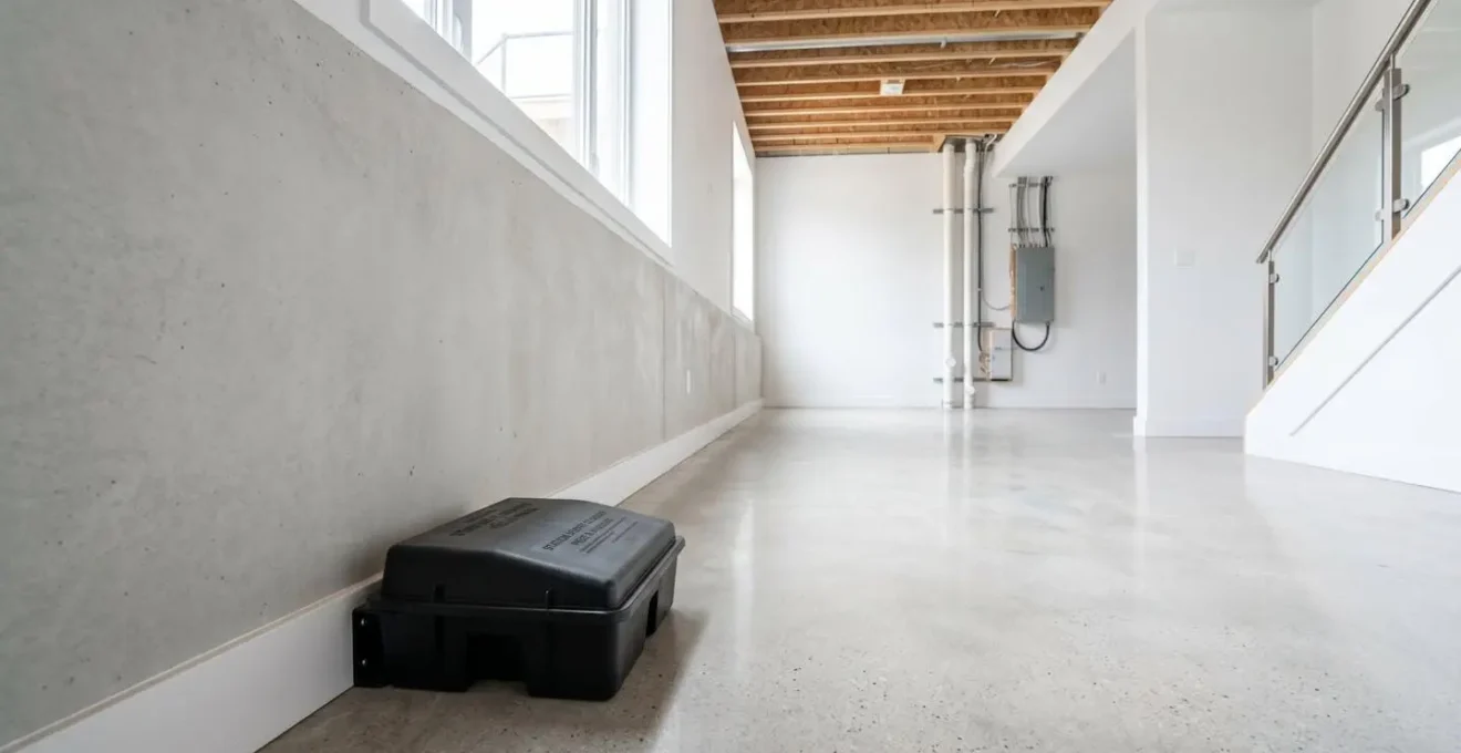 Vue grand angle d'un poste d'appâtage professionnel sécurisé en boîtier noir placé le long d'un mur de sous-sol contemporain propre