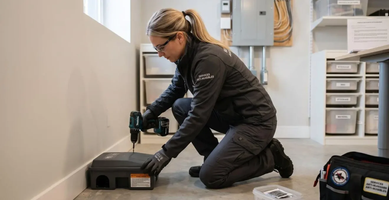 Un technicien professionnel vu de dos installe un poste d'appâtage sécurisé dans un sous-sol moderne bien éclairé