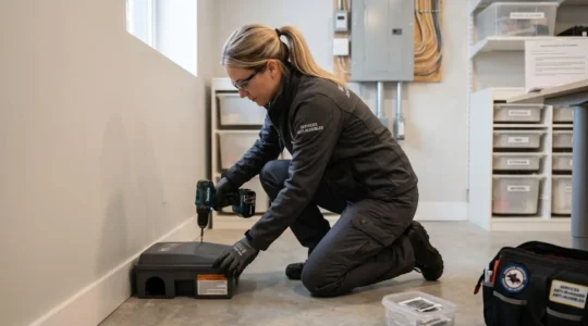 Un technicien professionnel vu de dos installe un poste d'appâtage sécurisé dans un sous-sol moderne bien éclairé